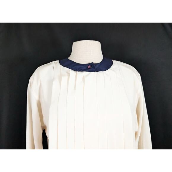 Vintage 90s Blouse Cream Navy Blue Pleated Office Top Misses Size 6 Talbots - Picture 2 of 8